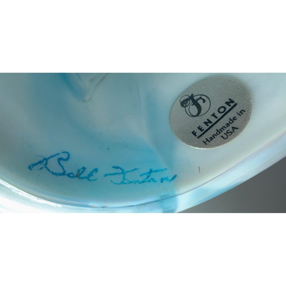 Signed Bill Fenton Celeste Blue Milk Glass Iridescent Angel C18612 6 Inch - Picture 4 of 4